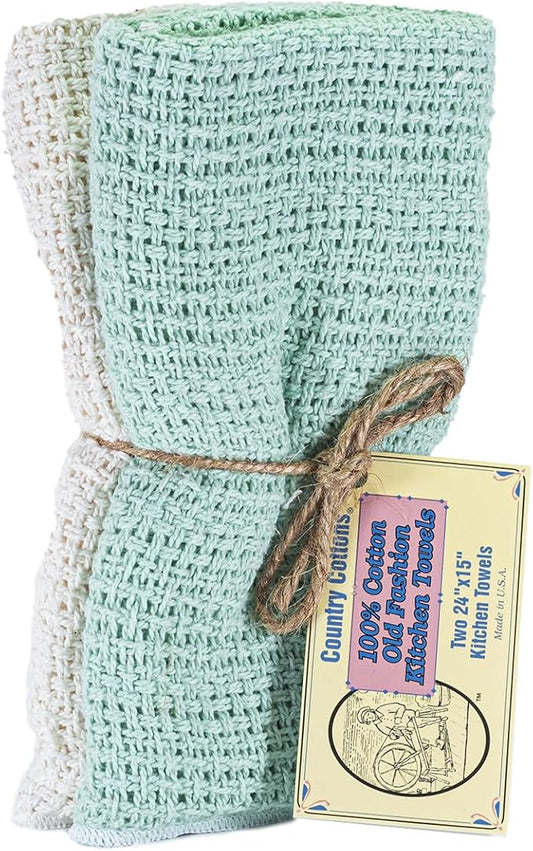 Old Fashion 100% Cotton Kitchen Towels - Set of 2-24"x15" (Mint Green/Natural)