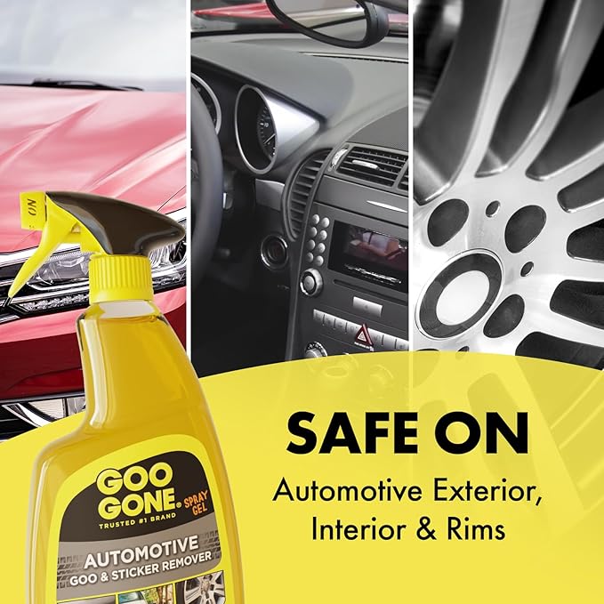 Goo Gone Automotive Adhesive Remover, Goo & Grime Cleaner for Bumper Stickers, Decals, Tree Sap, Brake Dust, Bird Droppings, Gum, Spray Paint, Asphalt, 24 oz with MicroFiber Buffing Towel