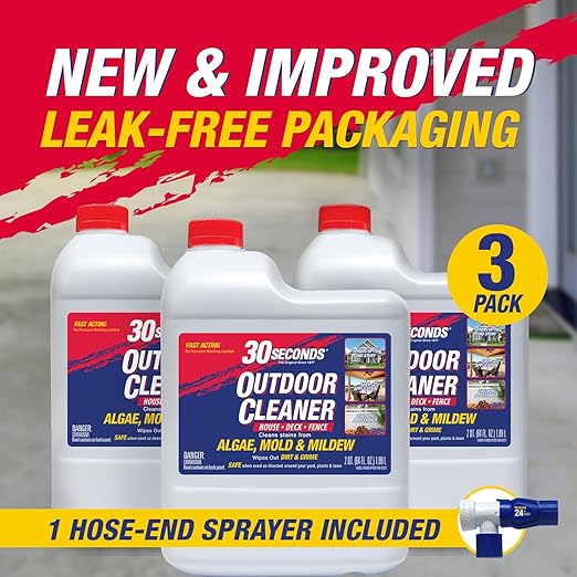 30 Seconds Outdoor Cleaner | Cleans Moss & Algae Stains from House, Vinyl Siding, Deck, Patio, Fence - 3 Capped Bottles, 1 Hose End Spray Attachment (64 Fl Oz (Pack of 3)