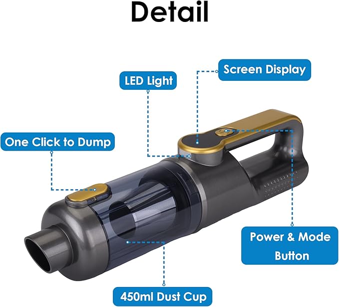 Handheld Vacuum Cordless, Car Vacuum Portable Cordless 6000mAh Dust Busters Rechargeable Brushless Motor 18000Pa Strong Suction, Portable Vacuum for Car Home with 6 Accessories, Yellow