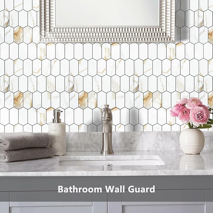 Vamos Tile Long Hexagon Peel and Stick Backsplash Tile - 10 Sheets Stick on Backsplash for Kitchen and Bathroom 12.4 x 12 Inch Calacatta Gold PVC Self Adhesive Mosaic Wall Tiles