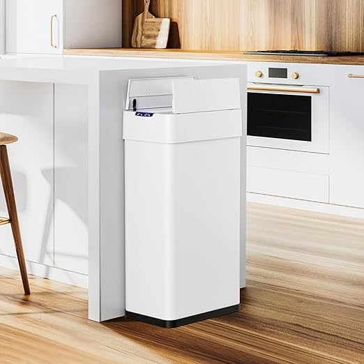 TLSUNNY 21.1 Gallon Automatic Trash Can, Stainless Steel Motion Sensor Garbage bin, Smart Trash Can W/Butterfly Lid, Bag Retainer Ring and Display Light for Living Room,Kitchen,Office (White, 80L)