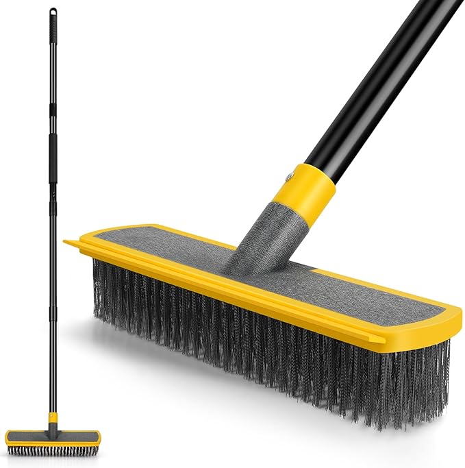 Heavy Duty Broom Wire Floor Scrub Brush with Long Handle, 2 in 1 Scrape and Stainless Steel Bristle Brooms Scrubber for Deck Concrete Patio Outdoor Moss Removal