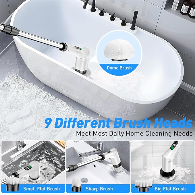 Electric Spin Scrubber, Cordless Shower Cleaning Scrubber with 9 Brush Heads, 2 Speed with Adjustable Extension Handle, Waterproof Bathroom Scrubber with LCD Display for Bathtub Kitchen Wall