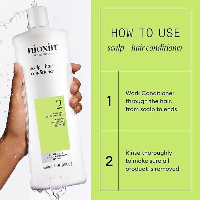 Nioxin Scalp + Hair Thickening System 2 Conditioner | For Natural or Untreated Hair with Progressed Thinning | With Niacinamide and Biotin | 16.9 Fl oz.