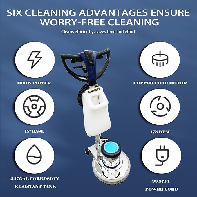 1100W Floor Polisher Commercial Floor Scrubber Machine Carpet Buffer Scrubber with 3gal Water Tank and 18" Base 175Rpm 110V