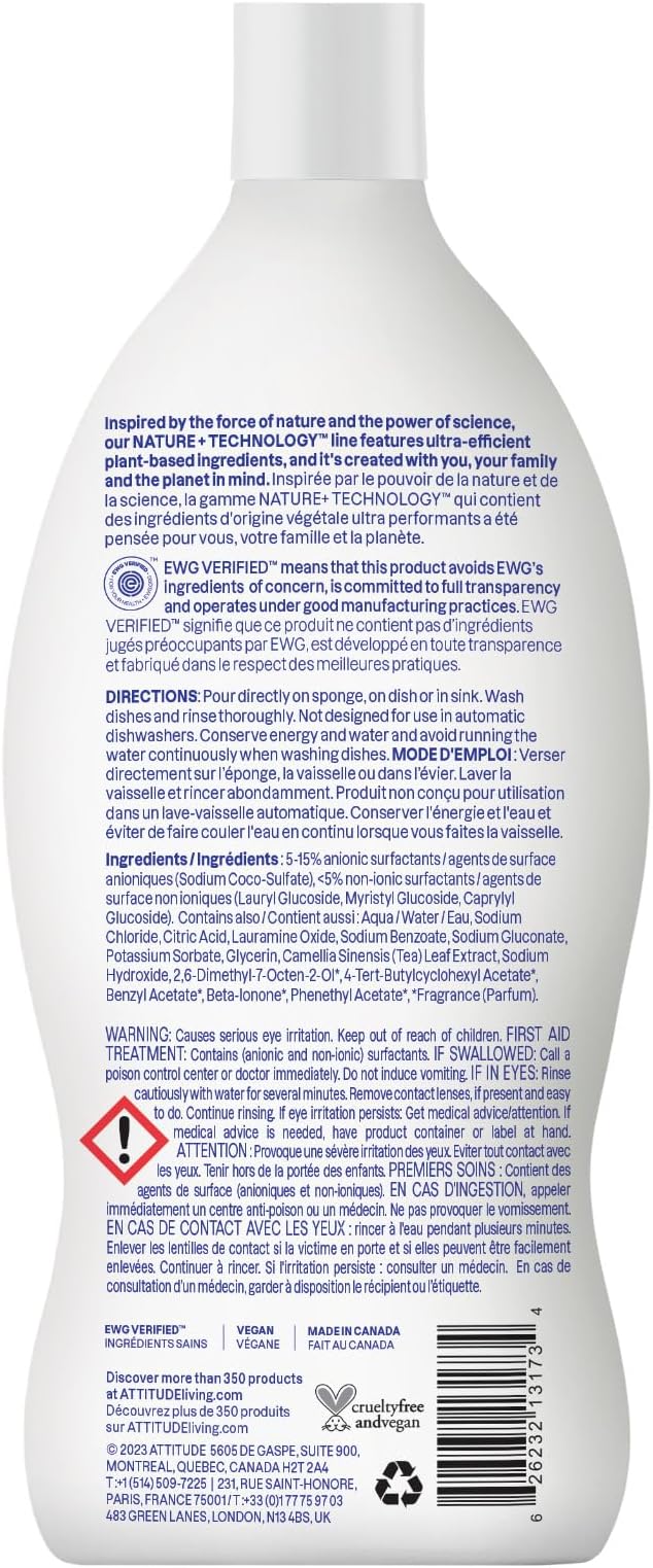 ATTITUDE Dish Soap, EWG Verified, Plant-Based & Vegan Dishwashing Liquid, Naturally Derived, Wildflowers Scent, 23.7 Fl Oz,(Pack of 2)