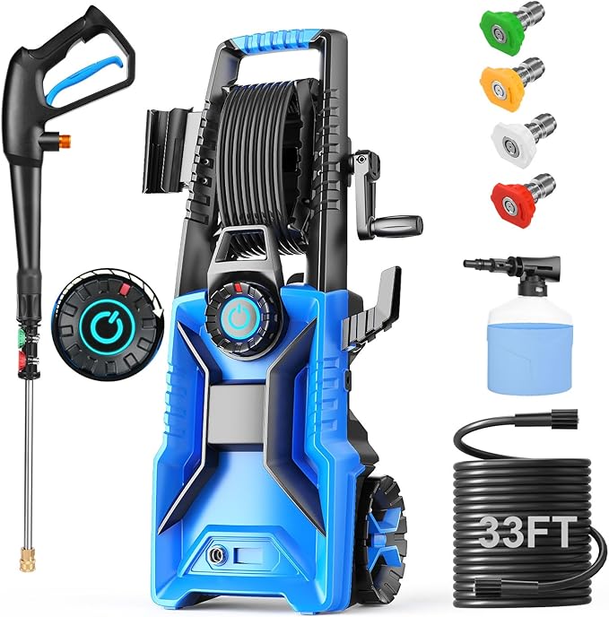 5000PSI Pressure Cleaner Adjustable Pressure,Power Cleaner with Foam Cannon,4 Nozzles,33FT Hose and 500ml Soap Bottle for Home/Cars/Driveways/Patios/Fences