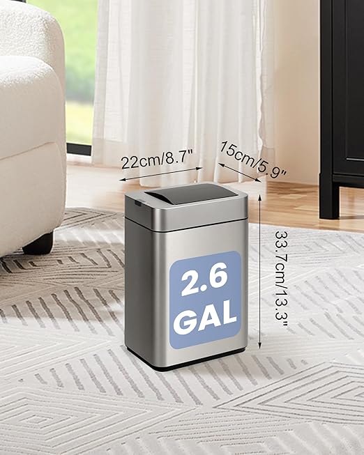ELPHECO Bathroom Trash Can with Lid 2.6 Gallon Smart Trash Can Slim Motion Sensor Garbage Can Automatic Stainless Steel Wastebasket Bathroom Decor for Bedroom Office Toilet Silver