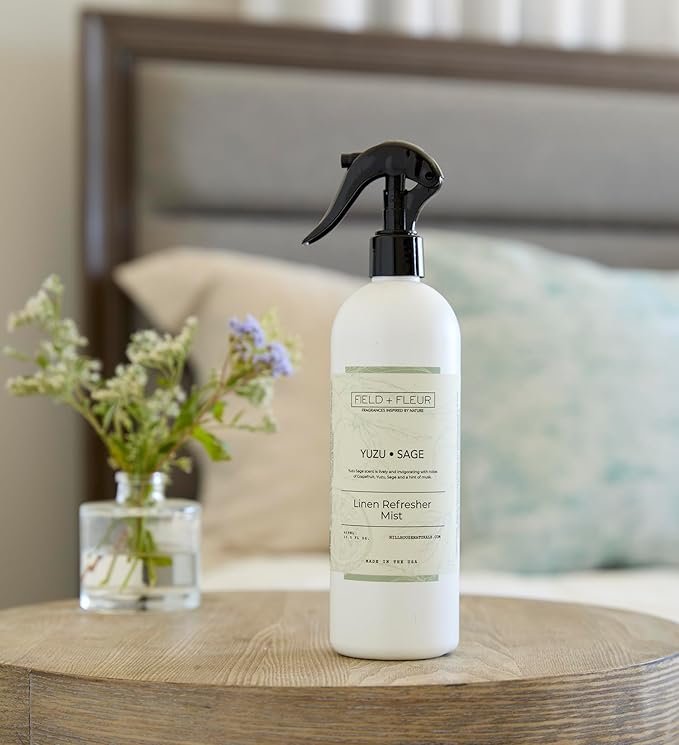 FIELD FLEUR Yuzu Sage Linen & Room Spray 15.5 oz - Aromatic & Refreshing Bedding & Fabric Mist - Air Freshener for Clothes & Sofas - Notes of Yuzu, Mandarin, Sage & Eucalyptus - Made in USA