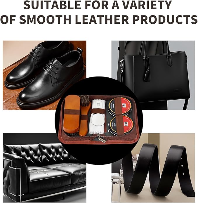IKI Shoe Shine Polish Kit - 7PCS Leather Boot Care Kit with Black Shoe Polish Horsehair Brush Cloth Shoe Horn for Men