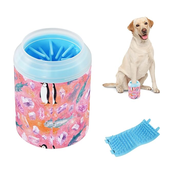 Dog Paw Cleaner Cups for Dogs Pets Foot Washer Paw Scrubber for Medium Small Cats Dogs Cute Cleaning Cup Pink Penguin Fish Jellyfish Crystals