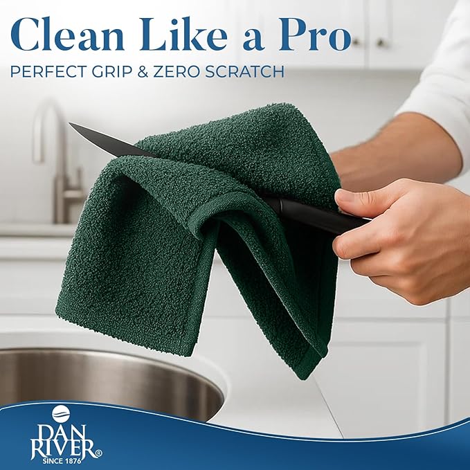DAN RIVER Kitchen Bar Mops,Pack of 12,16 by 19 Inches,100% Cotton Super Absorbent,Multi-Purpose Cleaning Towels for Home and Kitchen Bars-Huntergreen