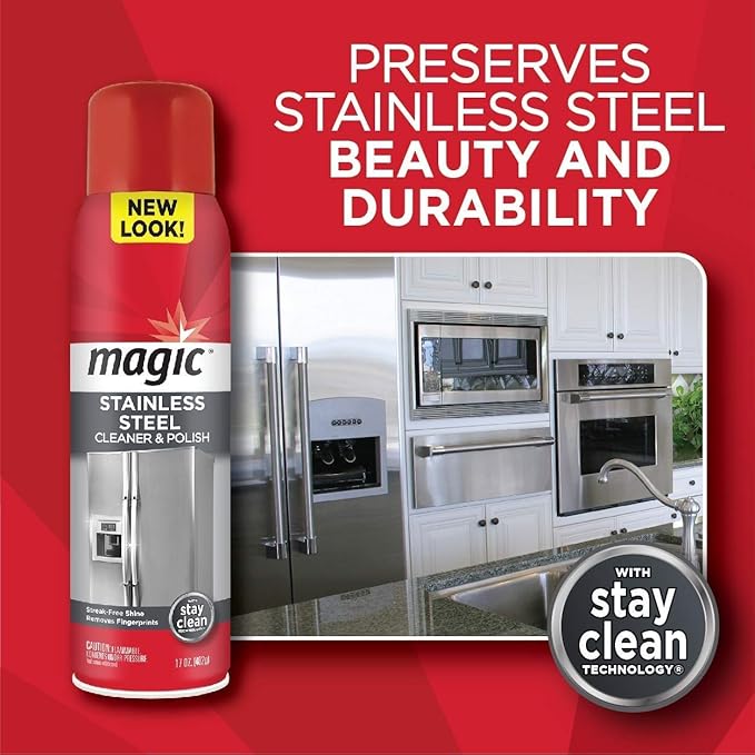 Magic Stainless Steel Cleaner Aerosol - 17 Ounce (2 Pack)- Removes Fingerprints Residue Water Marks and Grease from Appliances - Refrigerator Dishwasher Oven Grill