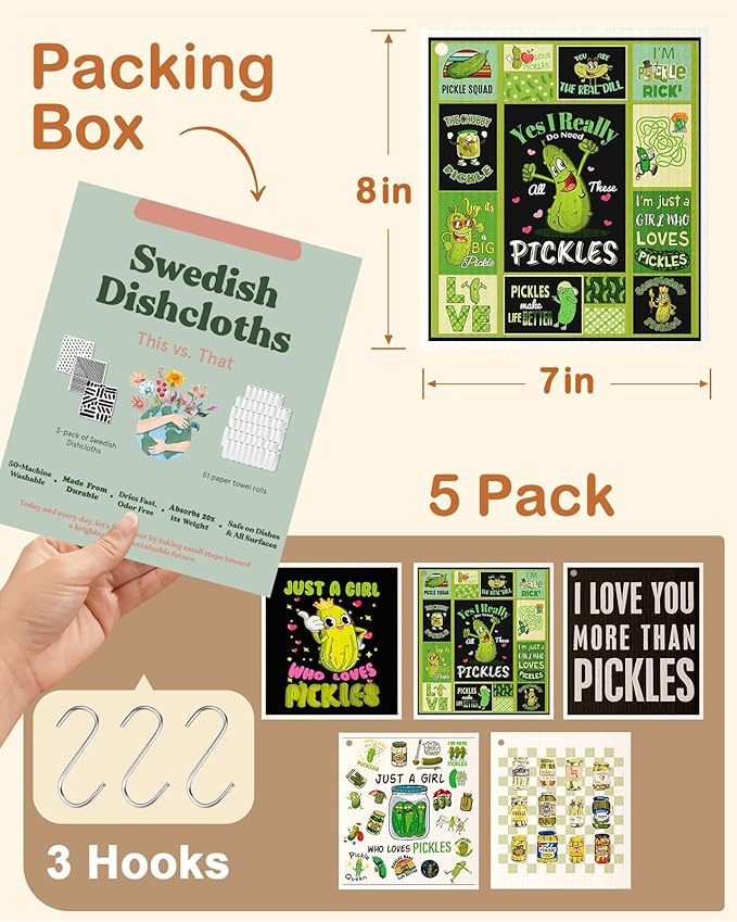 Swedish Dishcloths for Kitchen with Hooks - Reusable Dish Cloths for Washing Dishes Fast Drying Cute Fun 5 Pack Swedish Dish Towels Washable Cleaning Sponge, Cucumber