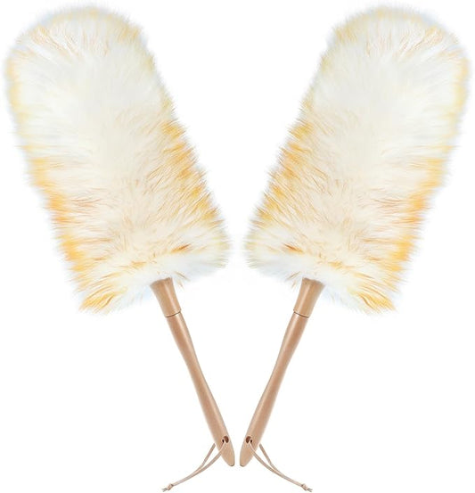 ONESIMUS 2 Pack Lambswool Dusters Fluffy Handheld Natural Feather Duster, 11 inch Washable Reusable Wool Dusters with Solid Wooden Handle for Cleaning Ceiling Fan, Interior, & Car etc