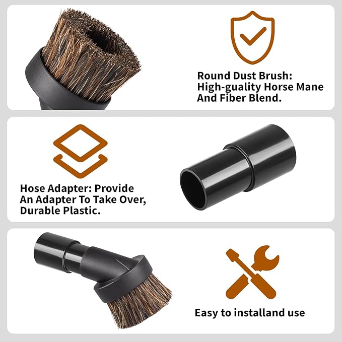 Soft Horse Hair Vacuum Brush Attachment For Shark Vacuum - Round Brush With Adapter - To Convert The 1 1/4" Tool To 1 1/2" Vacuum Hoses, Vacuum Attachment Brush Hair Length 35mm