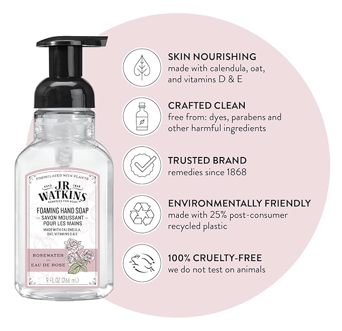 J.R. Watkins Foaming Hand Soap with Pump Dispenser, Moisturizing Foam Hand Wash, Alcohol-Free, Cruelty-Free, eau de rose, 9 fl oz, (Pack of 6)