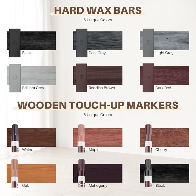 Vinyl Laminate Hardwood Floor Repair Kit - 12 Colors Hardwood Floor Wax with Wood Furniture Marker, Professional Restore Any Scratches, Stains, Cracks, Hole for Floor, Door, Cabinet