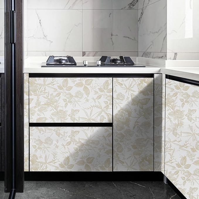 Drawer Liner Contact Paper for Dresser Peel and Stick Wallpaper Sketched Design 15.7x394in Self Adhesive Removable Champagne Maroon Rose Floral Butterfly Vintage Cabinet Shelf Renter Friendly