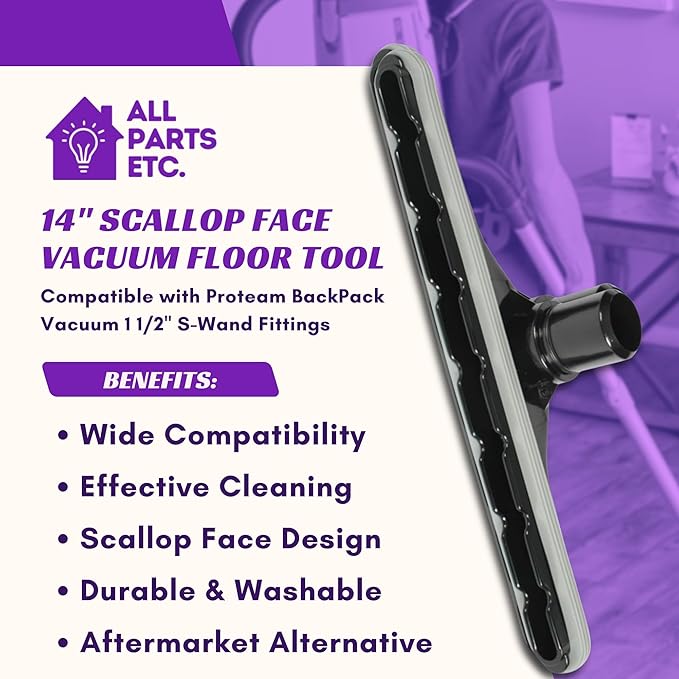 14" Scallop Face Vacuum Floor Tool – Compatible with Proteam Backpack Vacuum 1 1/2" S-Wand Fittings – Commercial Carpet & Floor Cleaning Attachment - Black