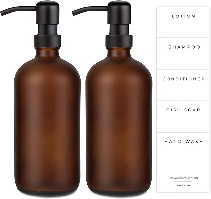 Emerson Essentials Glass Soap Bottle Dispensers, 2 Pack, Stainless-Steel Pumps Rust-Free, Hand Set for Bathroom Kitchen Sink, Liquid Lotion Shampoo Jars with 4 Waterproof Labels, 16 Oz Amber/Black