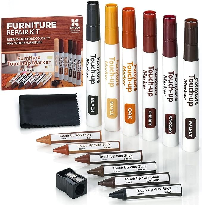 13-Piece Wood Stain and Scratch Repair Kit by Katzco - Furniture Markers and Wax Sticks - Covers Scratches, Stains and Scuffs on Floors, Cabinets and Desks - Includes Sharpener