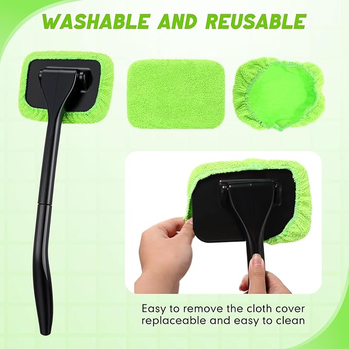8 Pcs Car Windshield Cleaner Tool Kit with Removable Handle, Microfiber Towel Pads, Brush, Empty Spray Bottle for Auto Glass Wiper Suvs Rvs & Home Windows(Green)