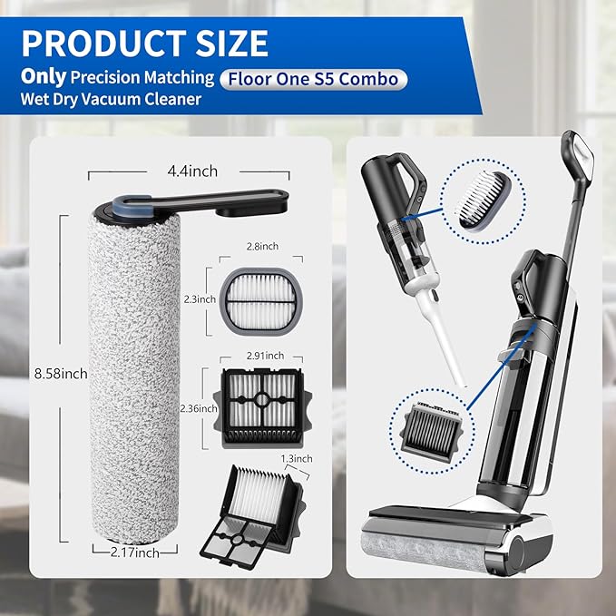 keluke Only S5Combo - Replacement Roller Brush and Filters Compatible with Tineco Floor One S5Combo Wet Dry Cordless Vacuum Cleaner(Not for Others S5 Series Models) 2 Brushes Roller,4 Filters