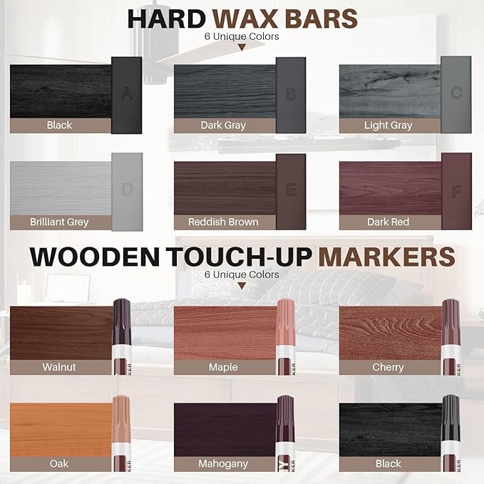 Laminate Floor Repair Kit -6PCS Vinyl Floor Wax with 6PCS Wood Touch Up Marker Restore Any Scratches, Stains, Cracks, Hole for Floor, Door, Cabinet