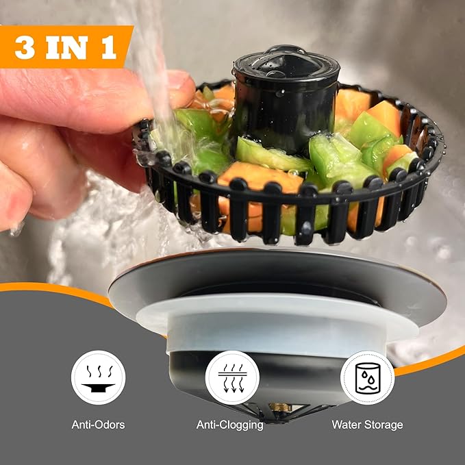 Kitchen Sink Drain Strainer 3 in 1, 304 Stainless Steel Pop Up Sink Stopper, Anti-Clogging Drain Stopper, Strainers for Kitchen, Drain Cover and Kitchen Accessories for US Standard Sink (Black)