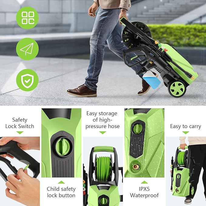 Pressure Washer 5000 PSI,2.8 GPM Power Washer with Foam Cannon,Portable Cleaner with 33ft Hose Reel,4 Nozzle Tips,and Soap Bottle for Cars/Home/Driveways/Patios/Decks/Fences(Dark Green)
