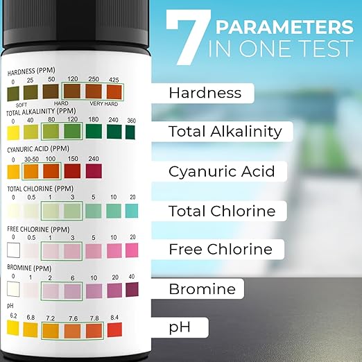 7-Way Pool Test Strips, 100 Strips Water Chemical Testing for Hot tub and Spa, Accurate Test Bromine, Total Alkalinity, pH, Free Chlorine, Total Hardness, Cyanuric Acid, and Total Chlorine