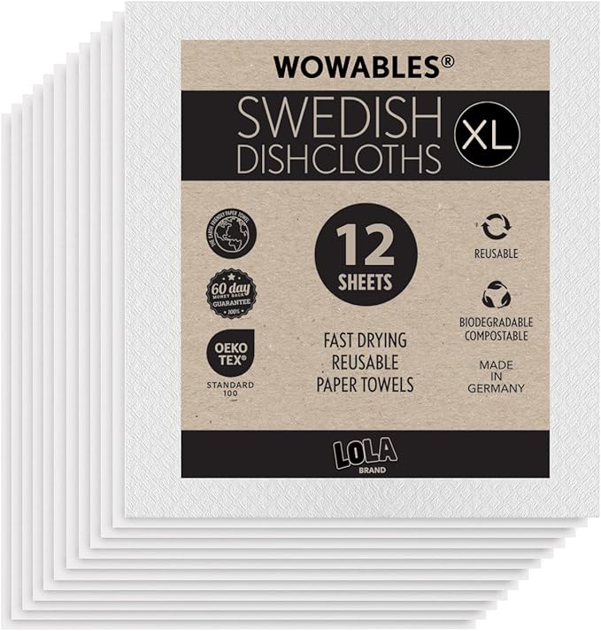 LOLA Swedish Dishcloths for Kitchen XL, 12 Sheet Roll, Biodegradable & Compostable, Reusable Paper Towel Cleaning Cloths, 11" x 10", No Odor, Washing Dishes, Ultra Absorbent Cellulose Sponge Towel