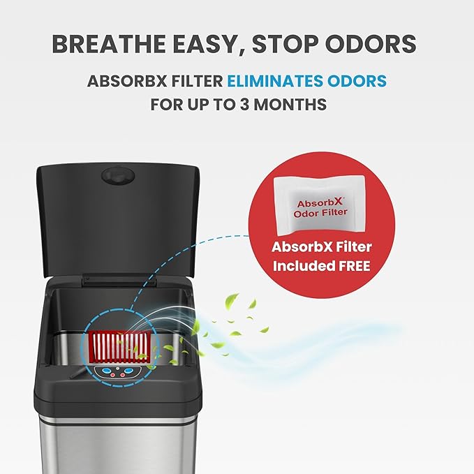 iTouchless 13 Gallon Kitchen Trash Can with Odor Filter, Automatic Motion Sensor Bin, Soft-Close Stainless Steel, Slim Wastebasket for Narrow Spaces, Silver
