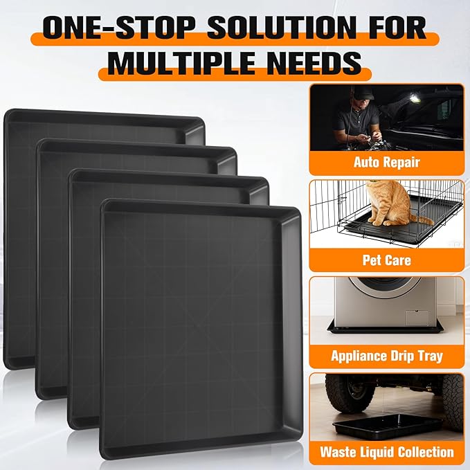 Large Drip Tray 22" x 21" (4 Pack), Heavy Duty Plastic Drip Pan for Mini Fridge, Portable AC, Washer & Dishwasher, Under Appliance Leak Pan, Oil Drip Pan For Under Car, Oil Drain Pan for Oil Change