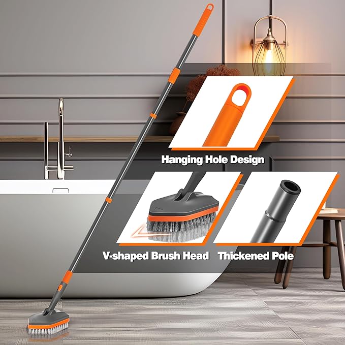 NEWE Shower Cleaner Brush, Tub Tile Scrubber with Telescopic Long Handle 56 inches, 4 Scrub Heads for Cleaning Bathroom Bathtub Floor Baseboard Sink Kitchen Toilet