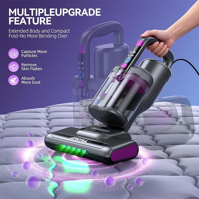 Mattress Vacuum Cleaner, 20Kpa Suction Bed Vacuum Cleaner with 253.7nm UV-C Light, 140°F Heated Air, 30000 RPM Brushroll, 40,000Hz Ultrasonic, HEPA Filter, for Bed, Sofa, 500W Corded(Dark Gray)