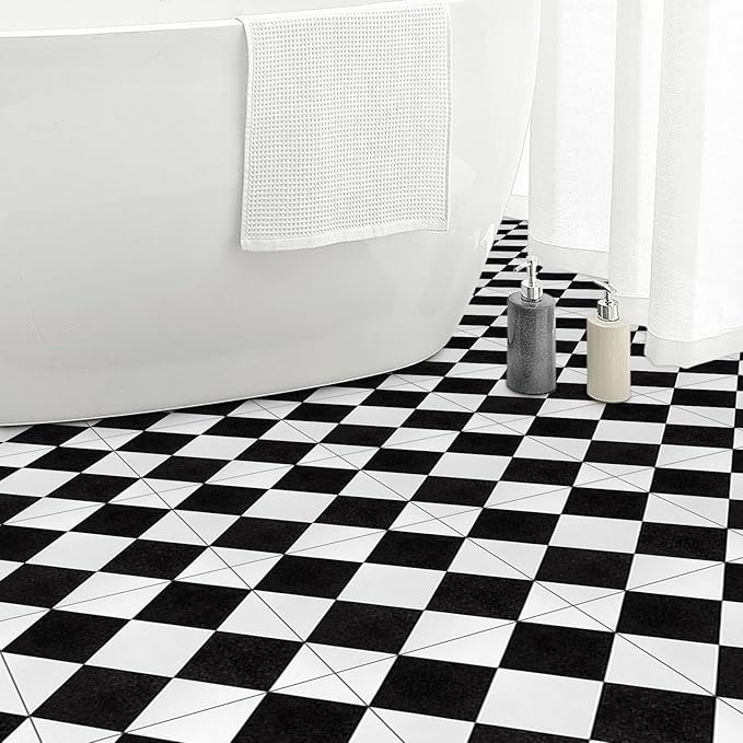 Elffloor Peel and Stick Floor Tile: 10pc 11.8 * 11.8in Self-Adhesive Waterproof Vinyl Flooring Black and White Tiles Sticker for Bathroom, Kitchen, Bedroom, Living Room