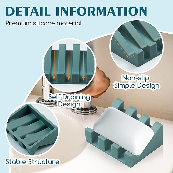 Silicone Soap Dish for Bar Soap Holder for Shower Bathroom Self Draining Waterfall Drying Tray Keep Soap Bars Dry Clean & Easy Cleaning (Green, 2)