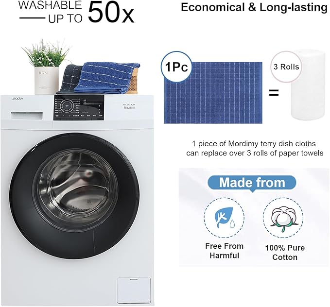 Mordimy 100% Cotton Terry Cloth Kitchen Towels, Super Soft and Absorbent Dish Towels for Drying, Checkered Designed Hand Towels for Kitchen, 16 x 26 Inches, 4 Pack, Navy