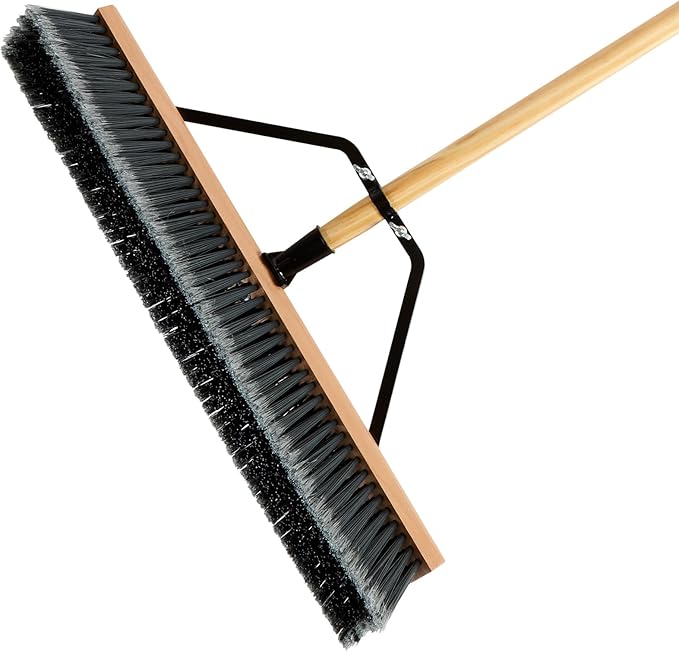 Restaurantware-Clean Tek Professional 24 Inch Push Broom, 1 Heavy-Duty Broom with 60” Handle - Medium Plastic Bristles, Durable, Wooden, Commercial Use, for Deck, Driveway, Garage, Yard, Patio