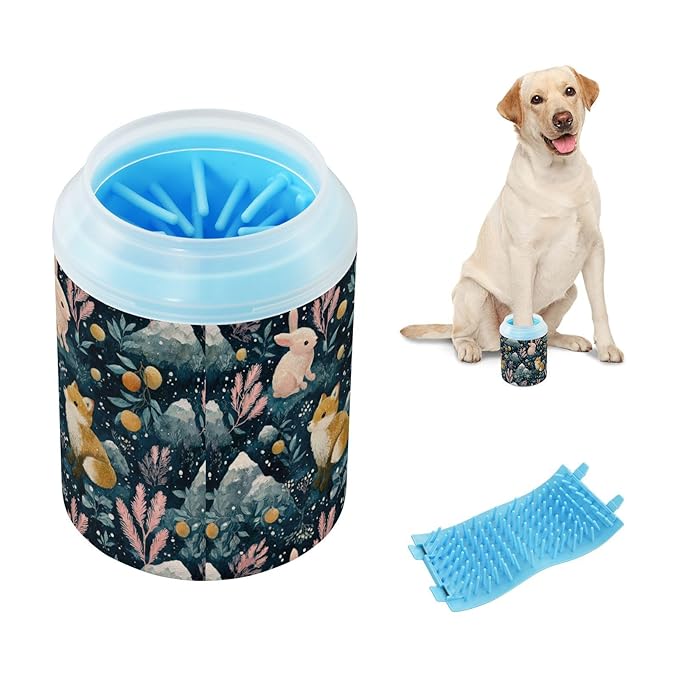 Dog Paw Cleaner Cups for Dogs Pets Foot Washer Paw Scrubber for Medium Small Cats Dogs Cute Cleaning Cup Blue Rabbit Fox Mountains Fruits