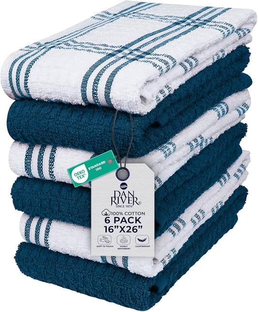 DAN RIVER Premium Kitchen Towels - [Pack of 6] 100% Cotton (16x 26 Inches) -Super Soft,Highly Absorbent, Quick Dry, Dish Towels for Kitchen Towels -Blue Opal