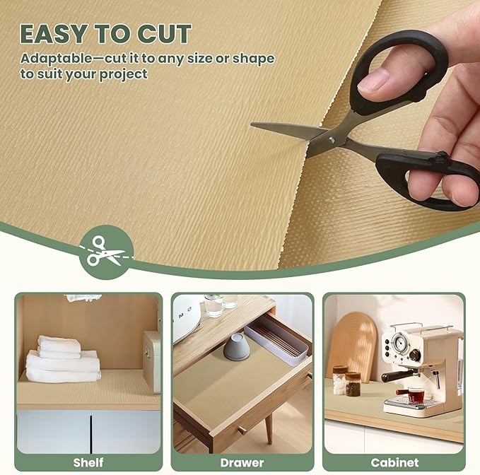 Drawer Liner and Shelf Liner for Kitchen Cabinet Liner Non-Adhesive Non-Slip Shelf Paper, Thick Strong Grip Waterproof Easy to Clean for Shelves, Cupboard, Desks, Khaki, 17.5 in x 20 FT