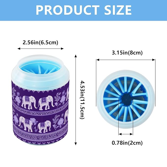 Dog Paw Cleaner Cups for Dogs Pets Foot Washer Paw Scrubber for Medium Small Cats Dogs Cute Cleaning Cup Retro Purple Floral Elephants