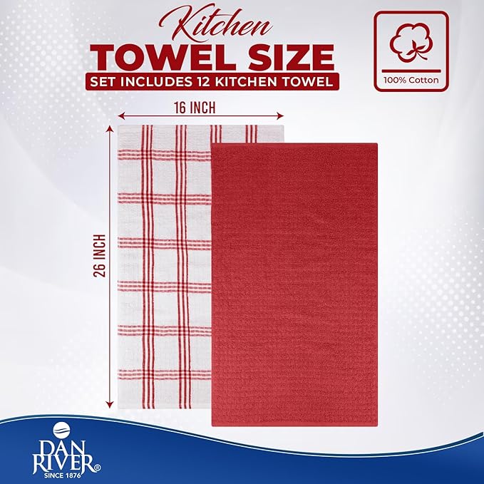 DAN RIVER Premium Kitchen Towels - [Pack of 12] 100% Cotton (16x 26 Inches) -Super Soft,Highly Absorbent, Quick Dry, Dish Towels for Kitchen Towels -Red