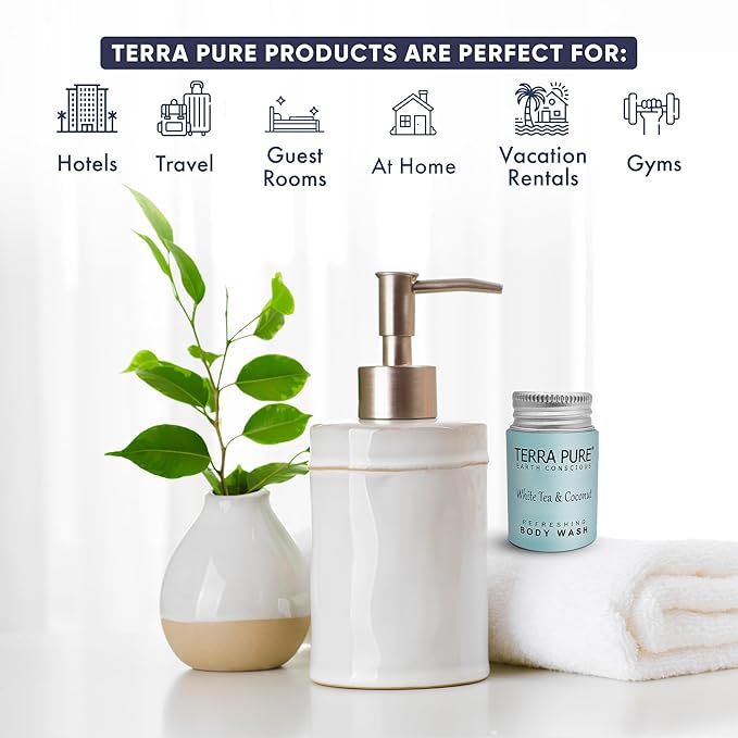 Terra Pure Travel Size Hotel Body Wash, 1 oz Bottles (100 Count) Guest Amenities for Hotels, Vacation & Short-Term Rentals, Paraben Free, White Tea & Coconut Scent, Infused with Aloe & Olive Oil