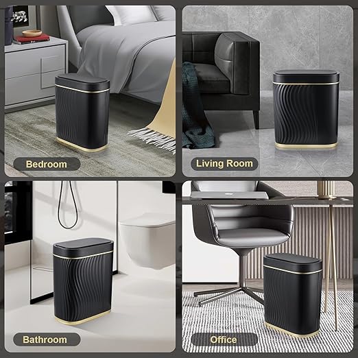 Bathroom Small Trash Can 2 Gallon Black Sensor Garbage Can with Lid, Plastic Automatic Trash Bin, Slim Motion Sensor Trash Can, Waterproof Smart Waste Bin for Living Room, Office, Bedroom