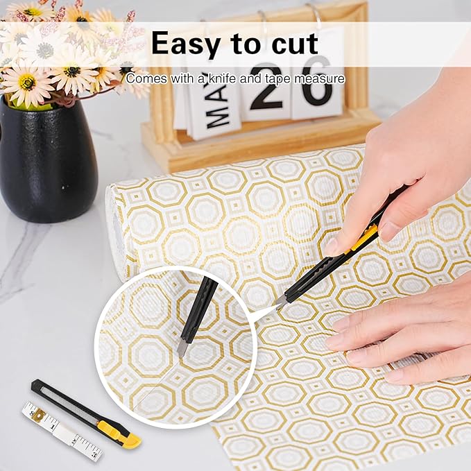 Drawer and Shelf Liner for Kitchen Cabinet,Non-Adhesive Cabinet Liner 18in x 20FT,Waterproof Shelf Paper Non-Slip Mats Cupboard Liners Contact Protect Dresser/Shelves/Table-Gold Octagonal